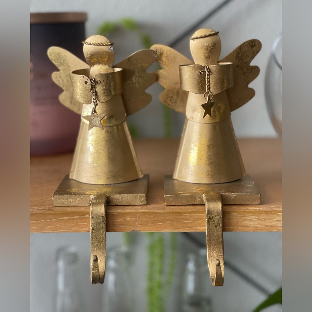 2 Heavy, gold color metal Angel stocking holders